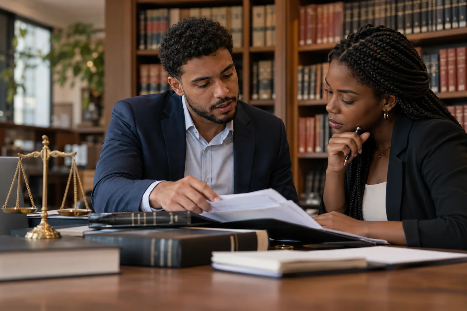 Estudantes analisando documentos jurídicos em uma biblioteca.
