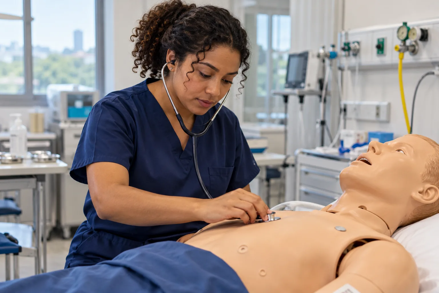 Estudante de Enfermagem praticando com um manequim em laboratório.