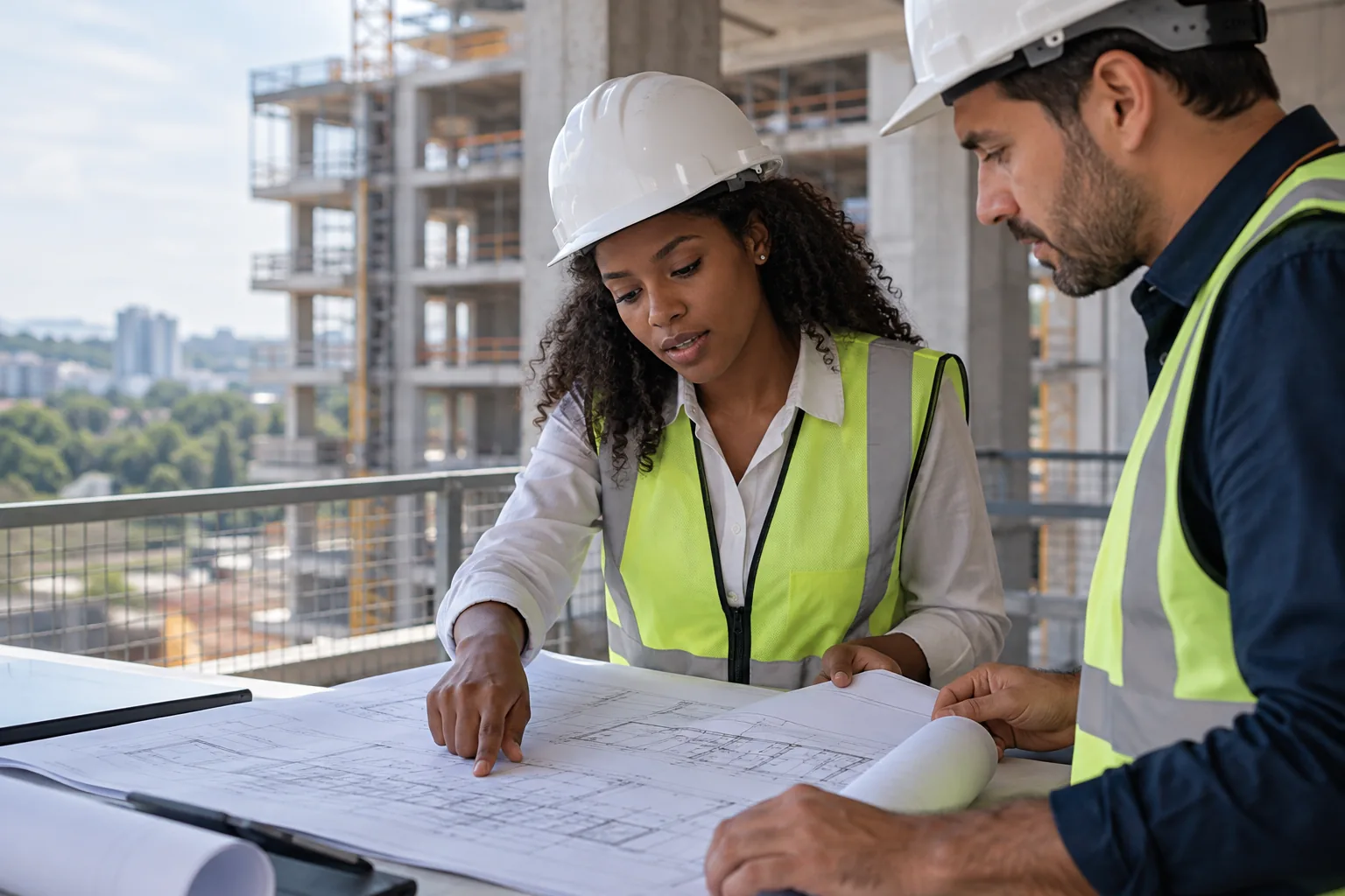 Profissionais de Engenharia Civil analisando uma planta em um canteiro de obras.
