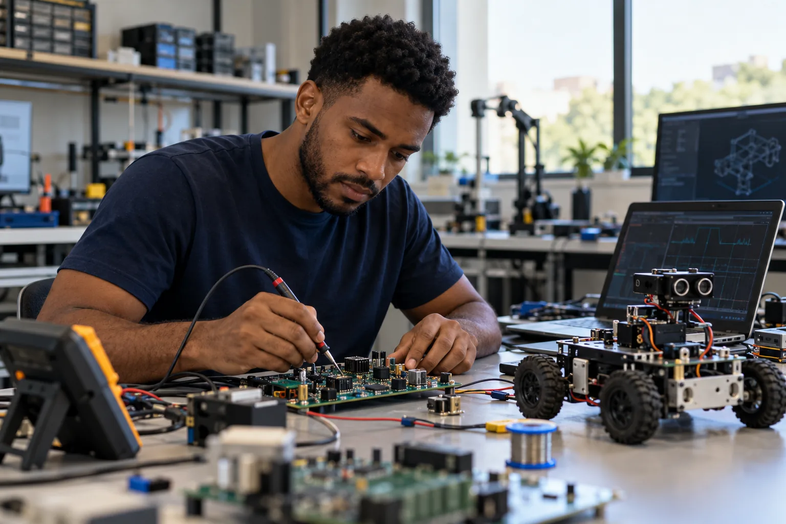 Estudante de Engenharia de Computação trabalhando com circuitos e robótica.
