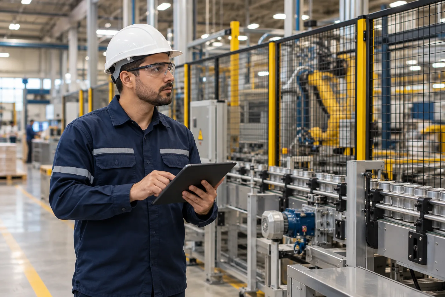 Profissional de Engenharia de Produção analisando uma linha de fabricação.