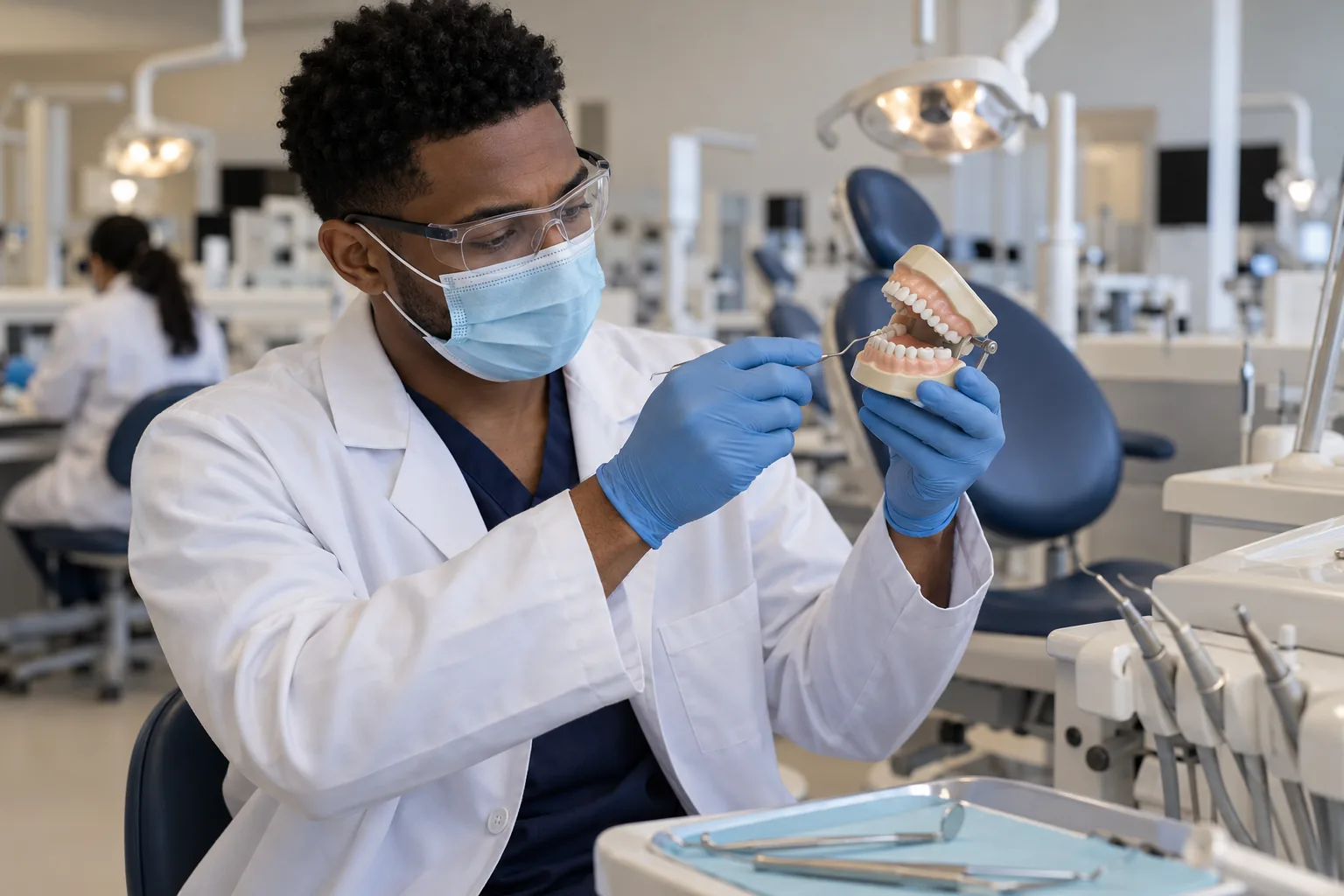 Estudante de Odontologia estudando um modelo odontológico em laboratório.