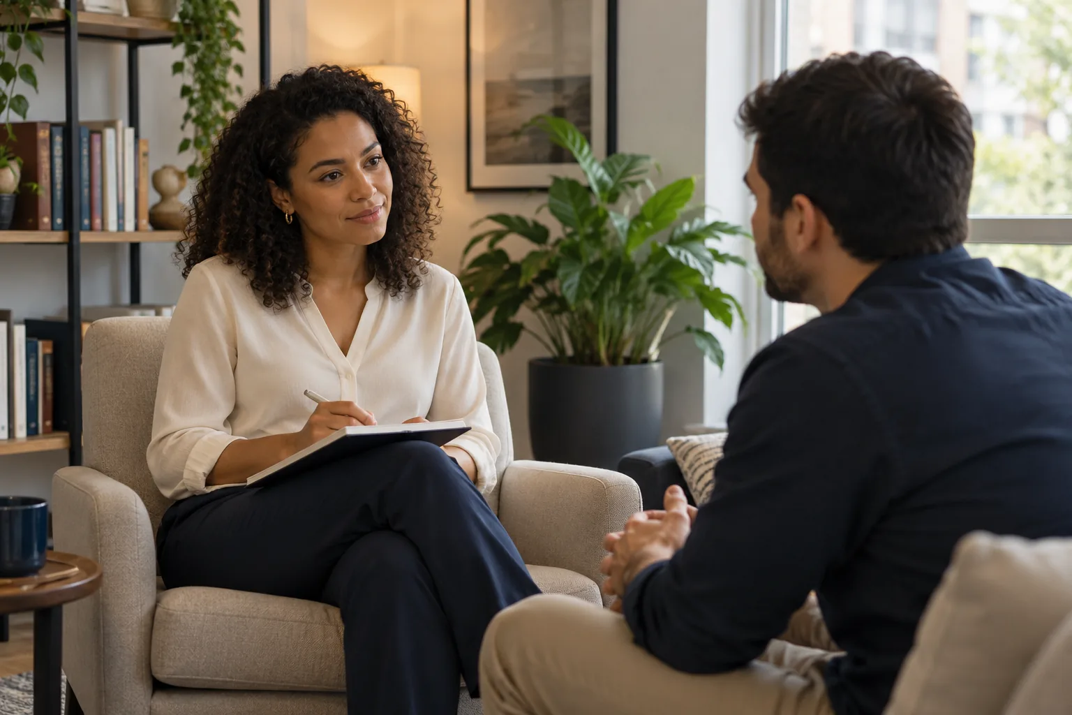 Profissional de Psicologia em uma conversa de escuta com outro adulto.