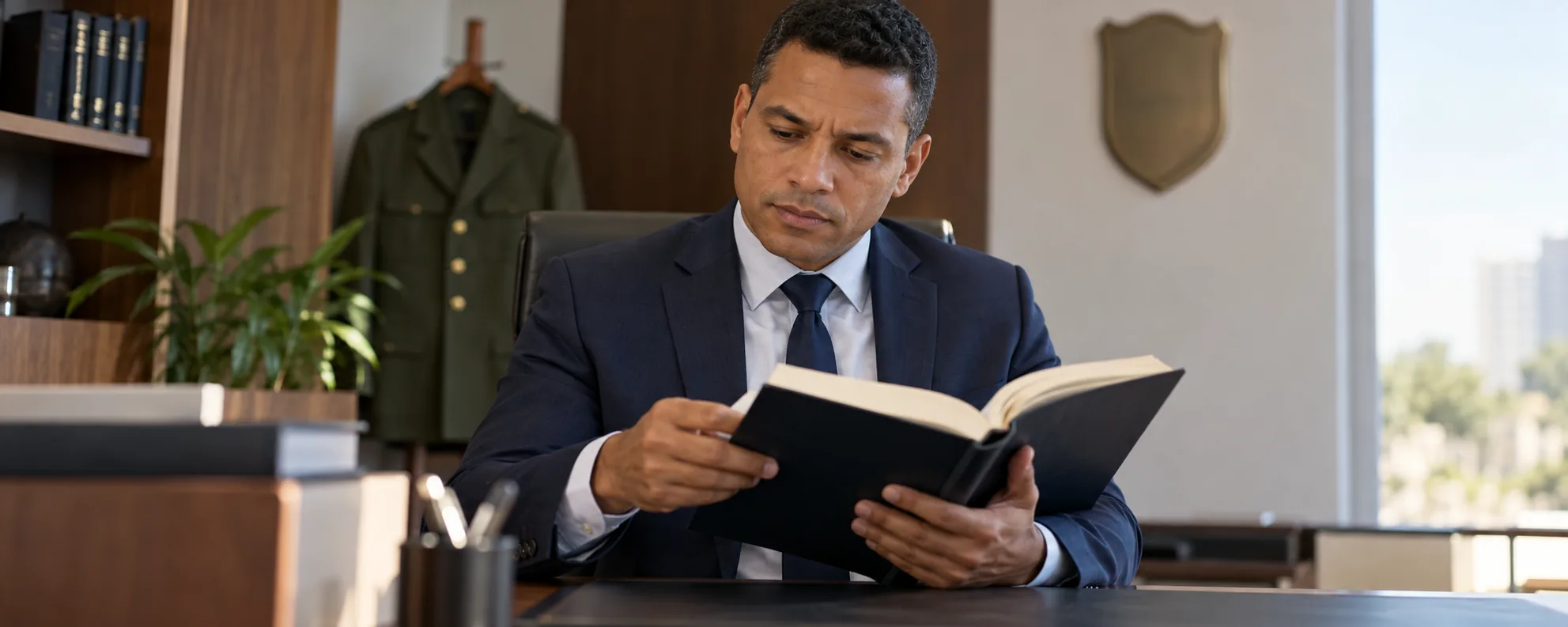 Profissional do Direito estudando em um escritório ligado ao contexto militar.