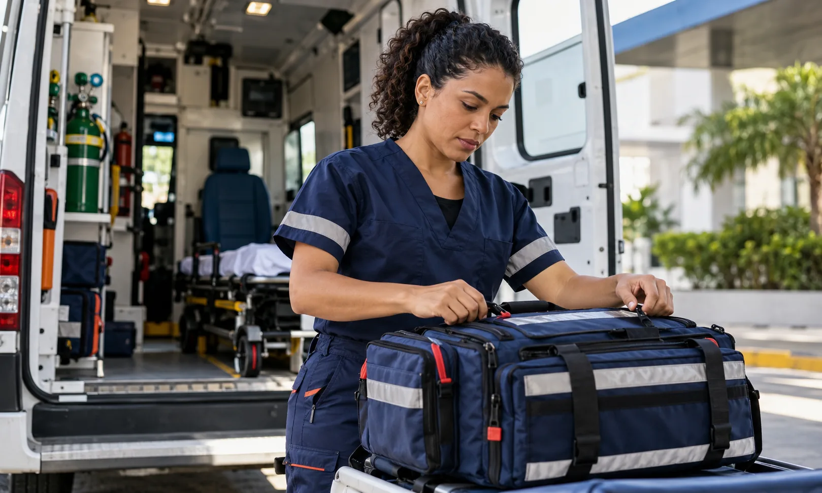 Enfermeira organizando materiais de atendimento ao lado de uma ambulância.