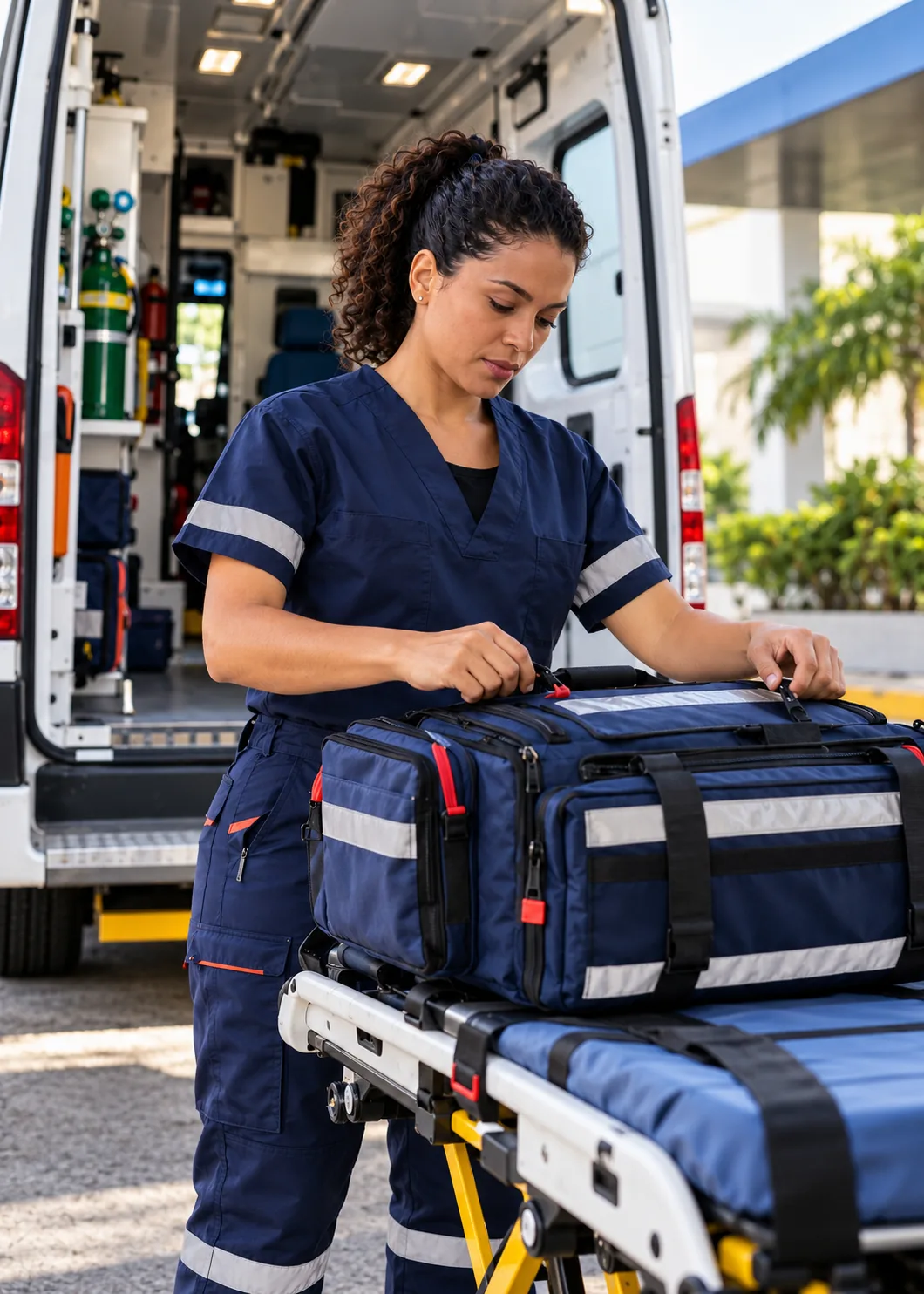 Enfermeira organizando materiais de atendimento ao lado de uma ambulância.