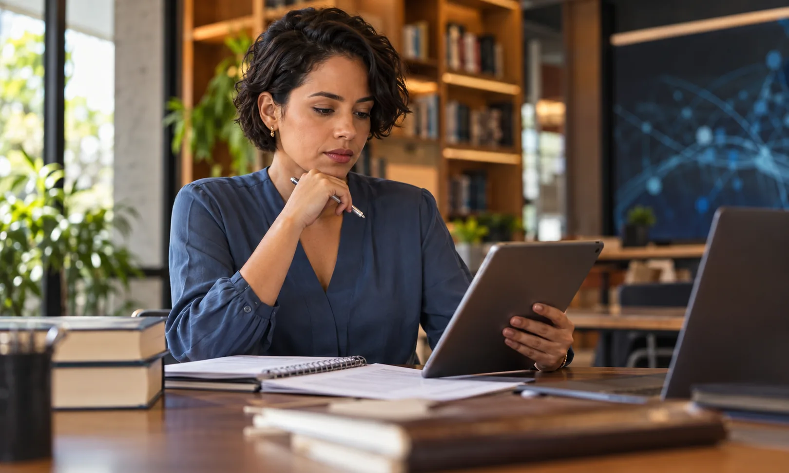 Pesquisadora do Direito estudando documentos e recursos digitais.