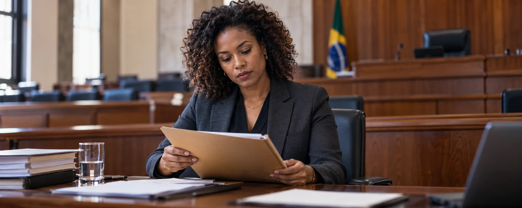 Profissional do Direito analisando documentos em um tribunal.