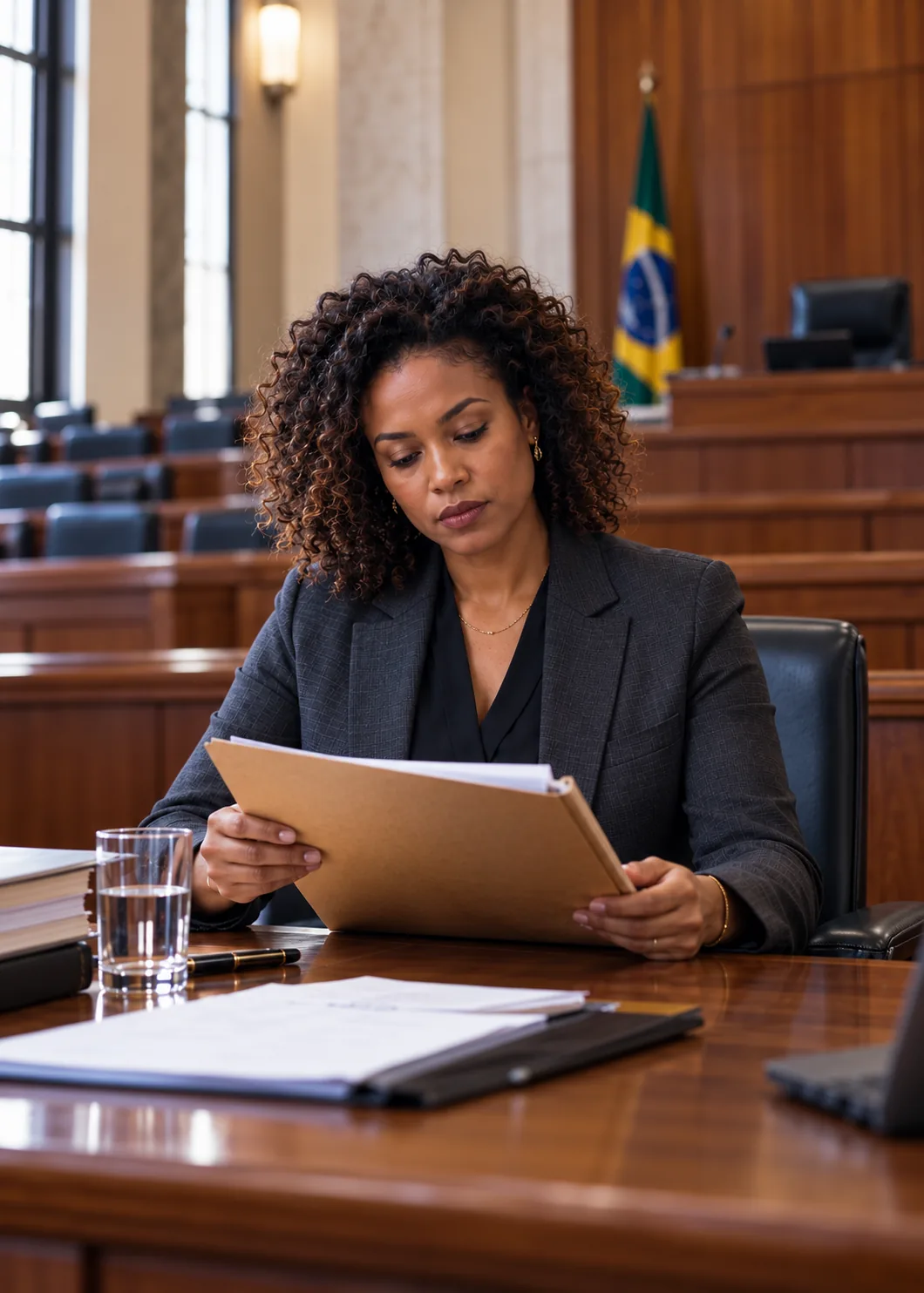 Profissional do Direito analisando documentos em um tribunal.